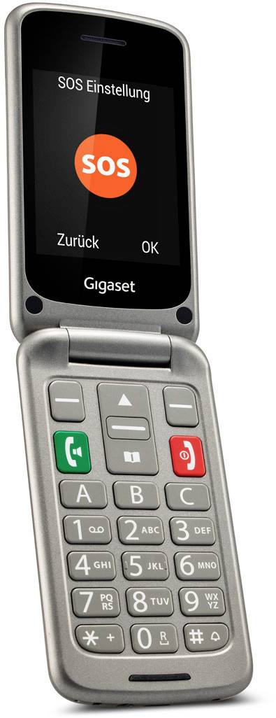 Flip mobile phone with large buttons and SOS function. The screen displays 'SOS Settings', with 'Back' and 'OK' options visible.