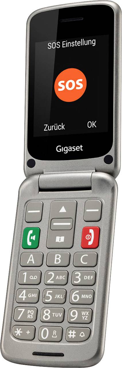 Flip mobile phone with a large keypad and on the screen the display 'SOS Setting' with options 'Back' and 'OK'.