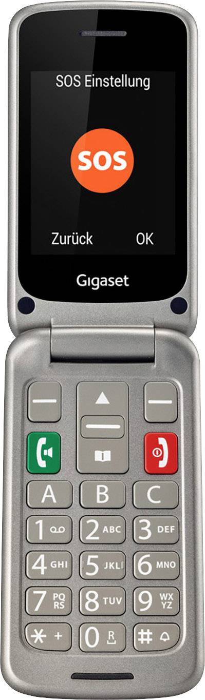 Mobile phone with a large screen displays 'SOS Setting'. Buttons visible, with green for call answer and red for call end.