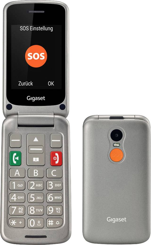 Flip mobile phone with large keypad and 'SOS' on the display. Three central function buttons: Back, OK, SOS. Camera on the back.