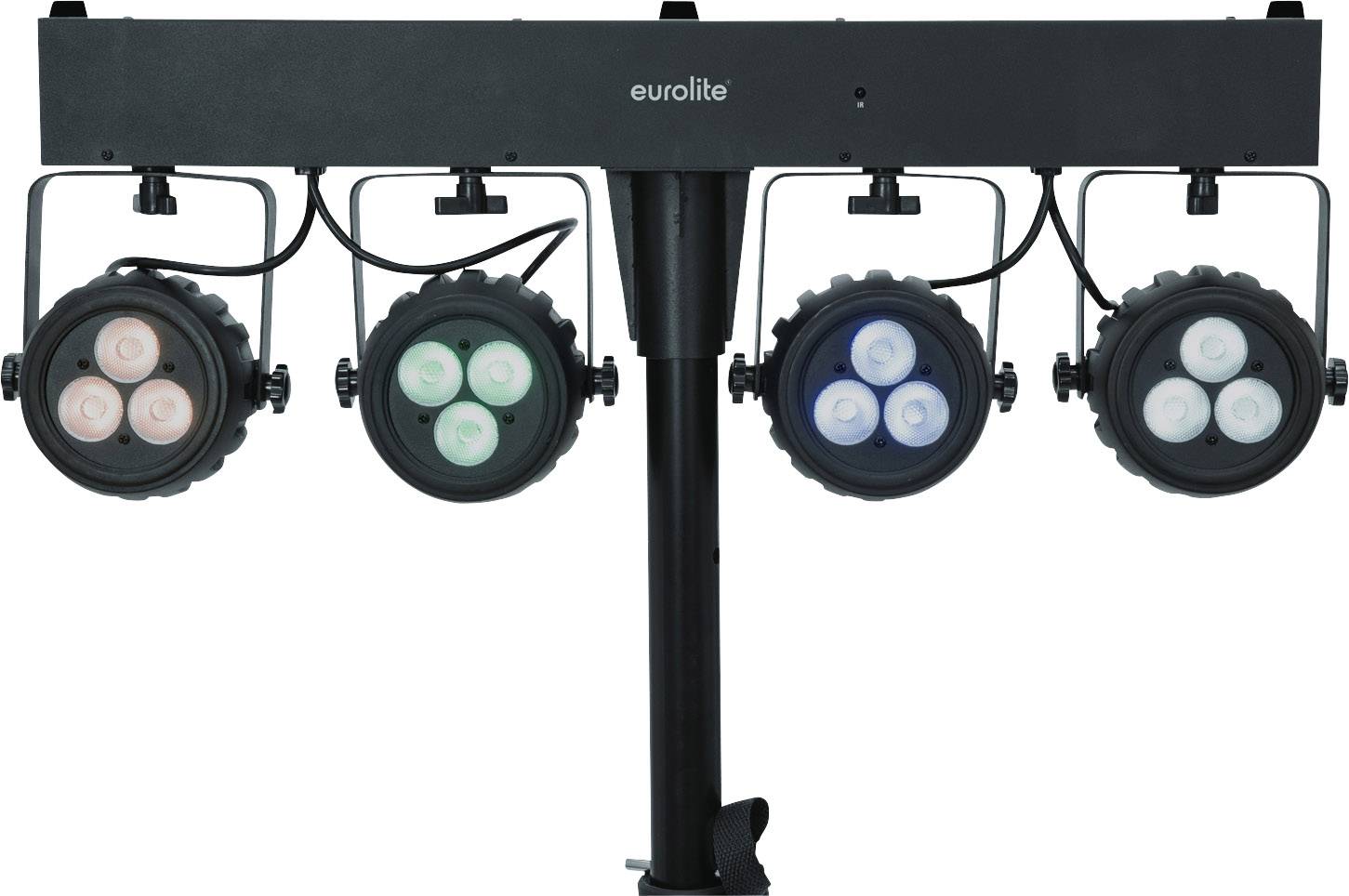 Lighting rig with four LED spotlights mounted on a black pole. Each spotlight features different colour combinations. Suitable for stage lighting.