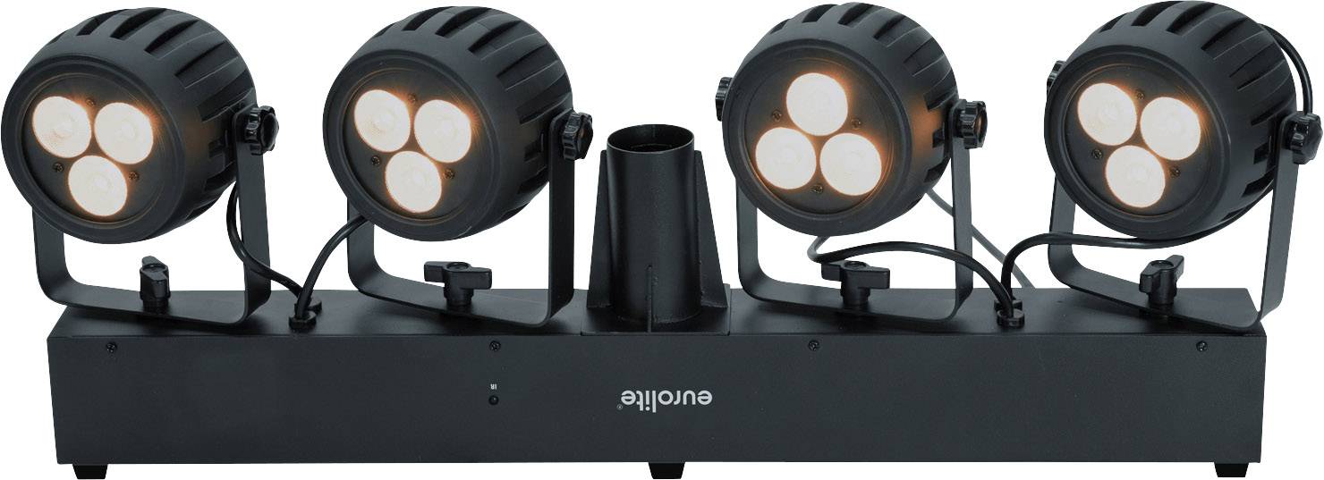 Four black LED stage lights, mounted on a black base, emit warm light. Suitable for stage and event lighting.