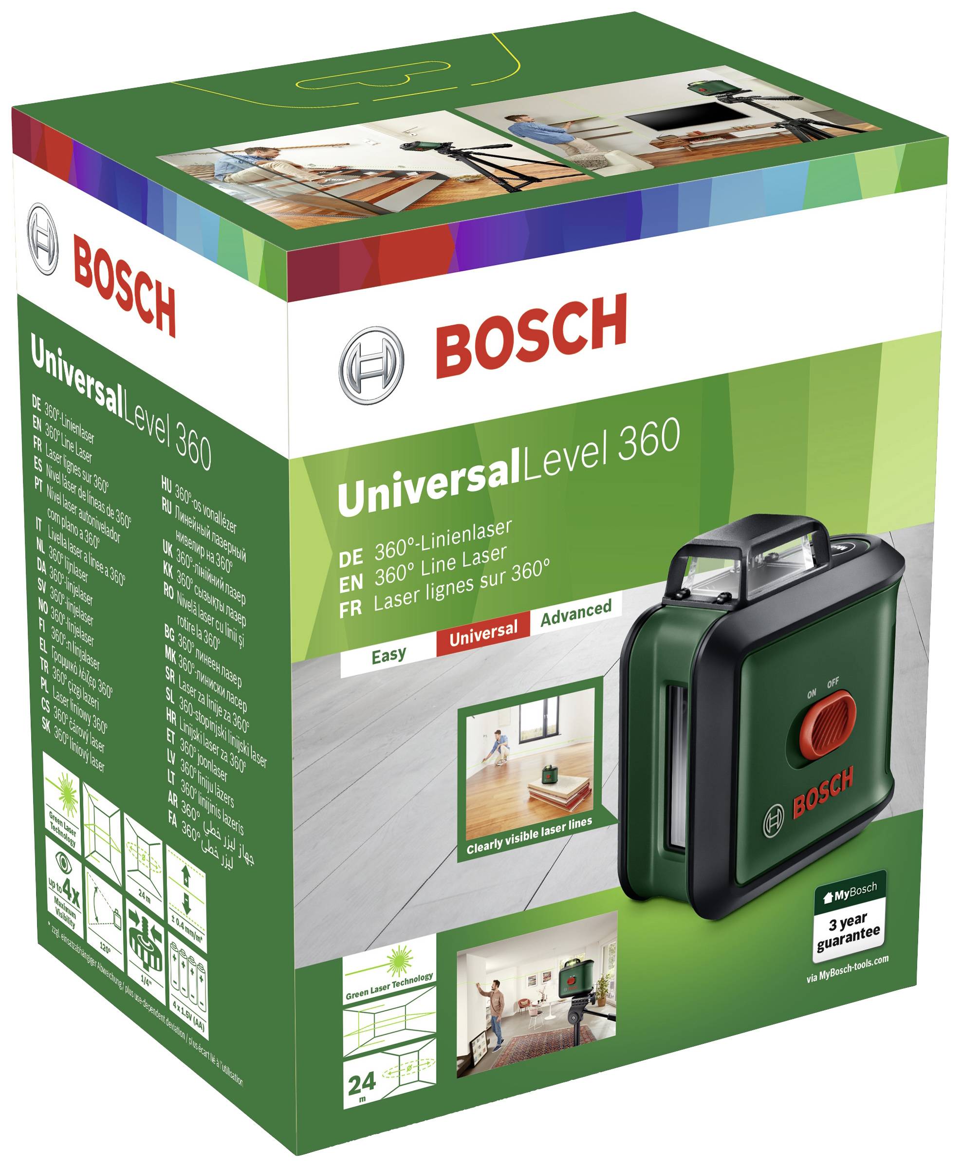 Bosch Home and Garden UniversalLevel 360 Cross line laser Incl. bag, Self-levelling Range (max.): 12 m | Conrad Electronic