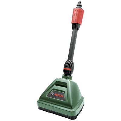 Green Bosch high-pressure washer attachment with a red handle, suitable for cleaning exterior surfaces such as patios or driveways.