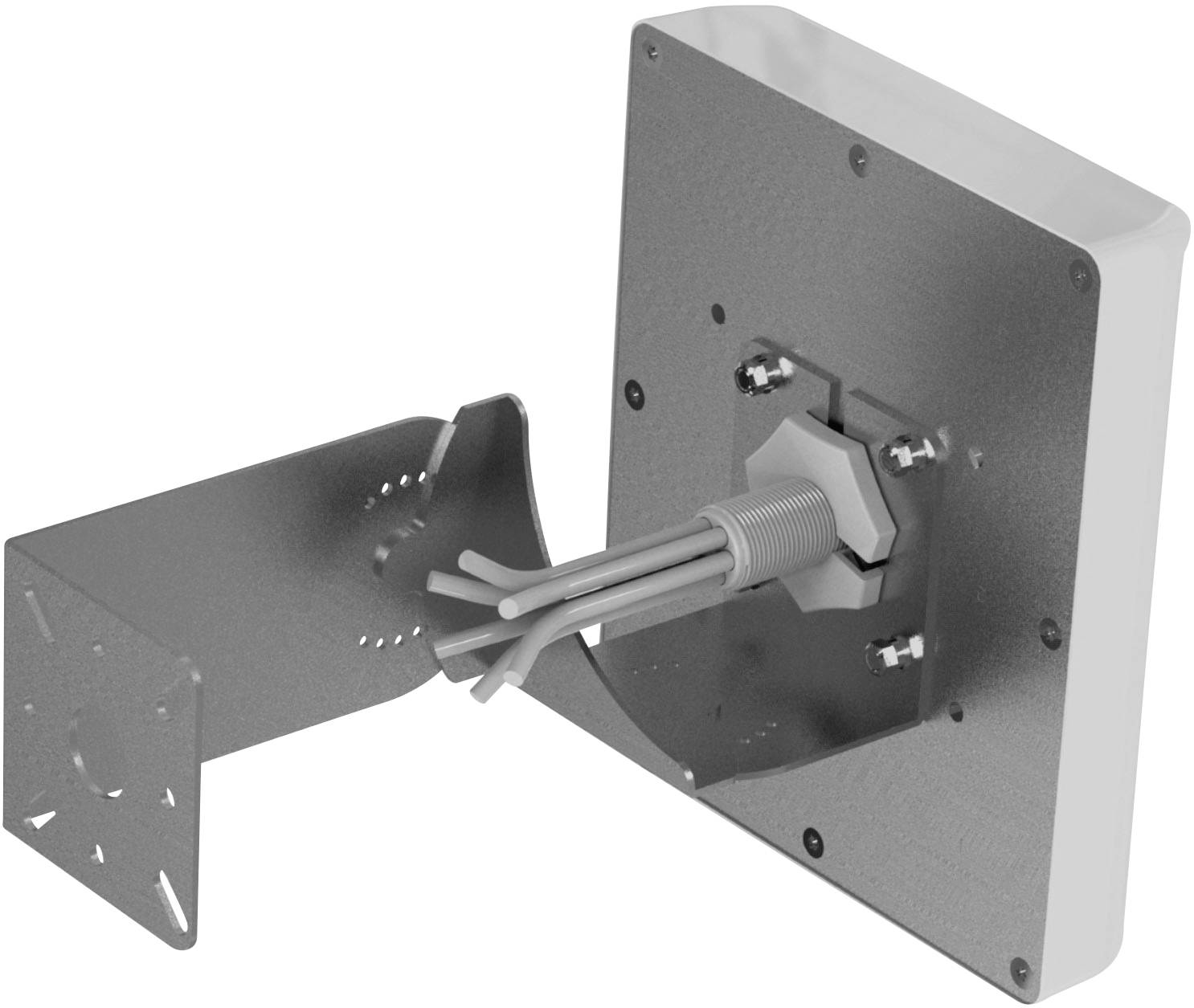 Metal mounting bracket and fastening component for electronic devices, showing detailed view of the fastening mechanism with screws.