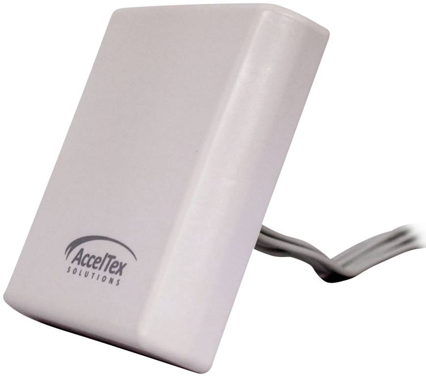 A white antenna with the 'AccelTex Solutions' logo on the front, mounted with a cable, suitable for wireless networks.