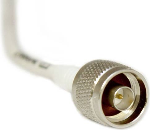 A coaxial metal plug connected to a white cable, with a rotatable threaded edge for securing.