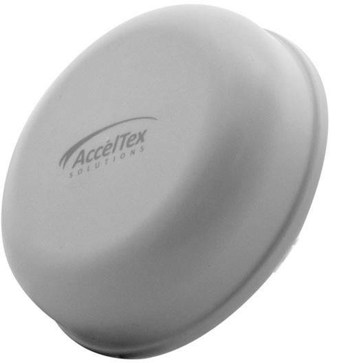 Circular, grey antenna by AccelTex Solutions, primarily used for signal amplification.