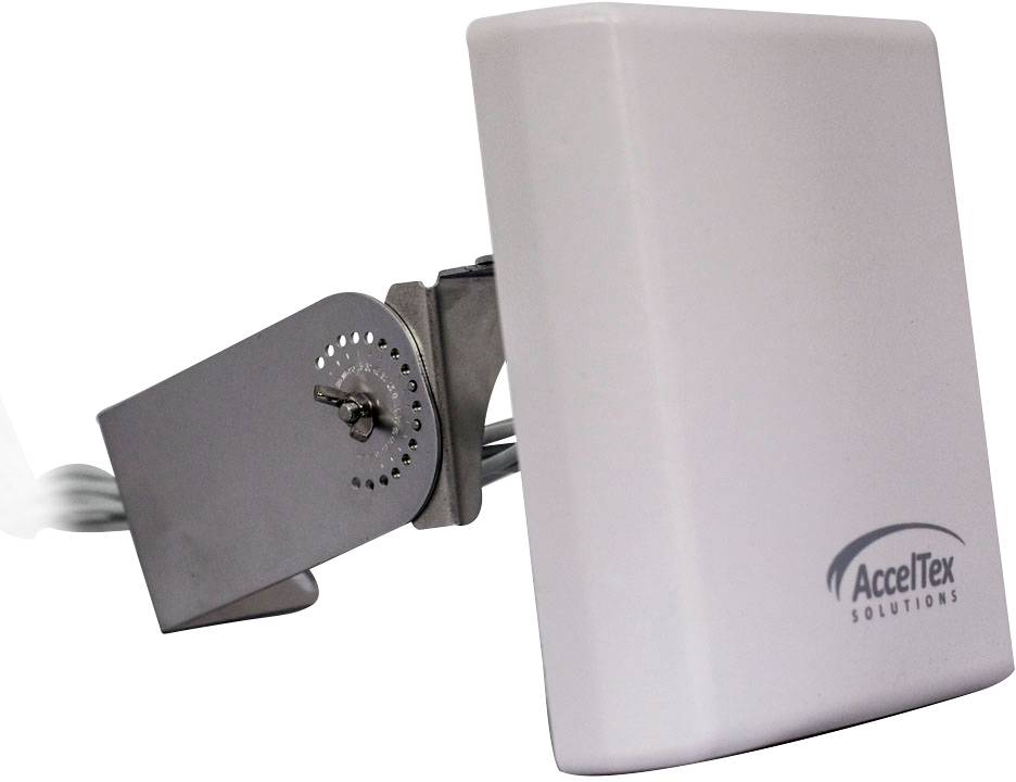 A white, square directional antenna with the AccelTex Solutions logo on the right side, mounted on an adjustable metal bracket.