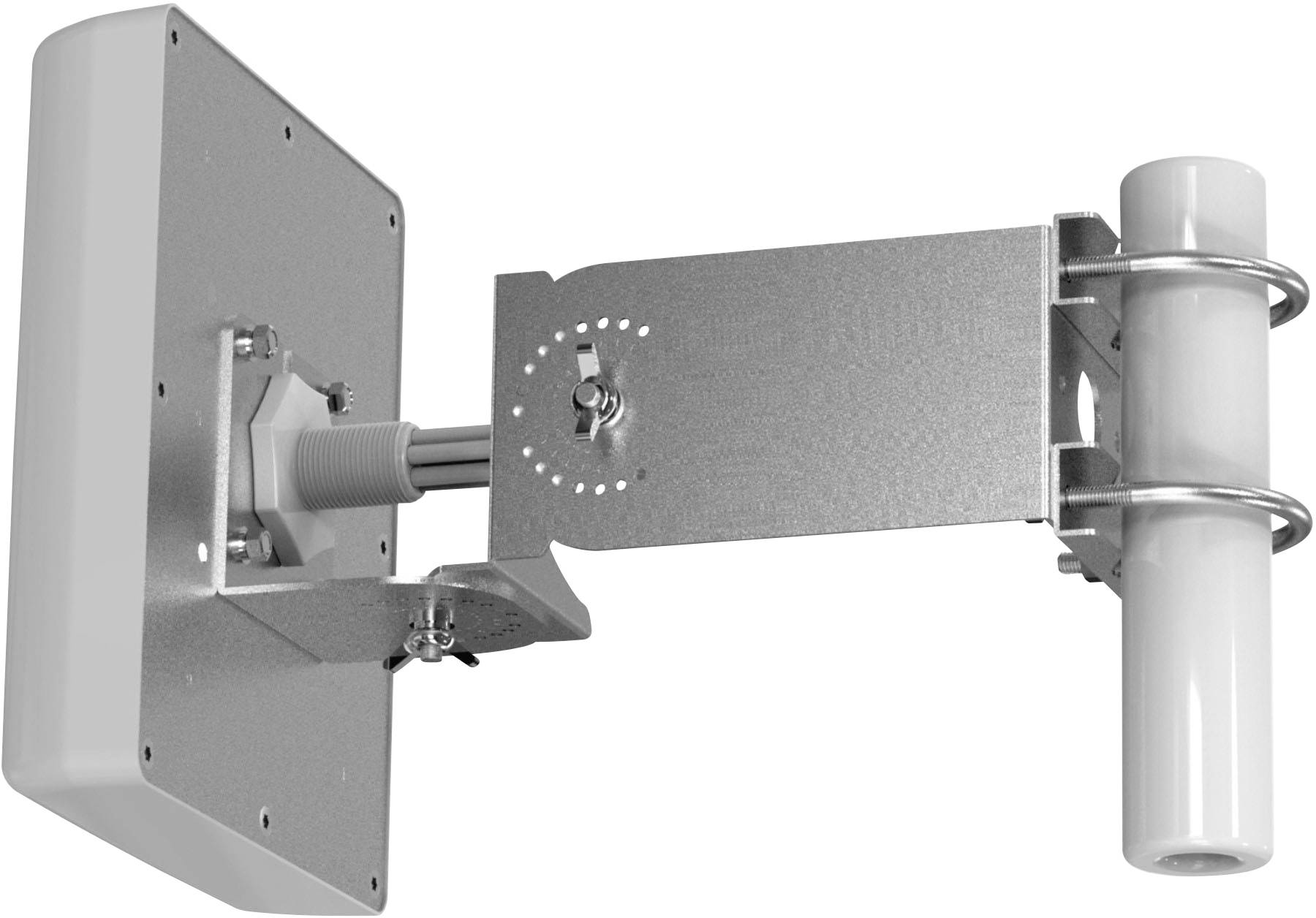 Metal bracket with two arms and a white, cylindrical component. Fastening elements are visible.