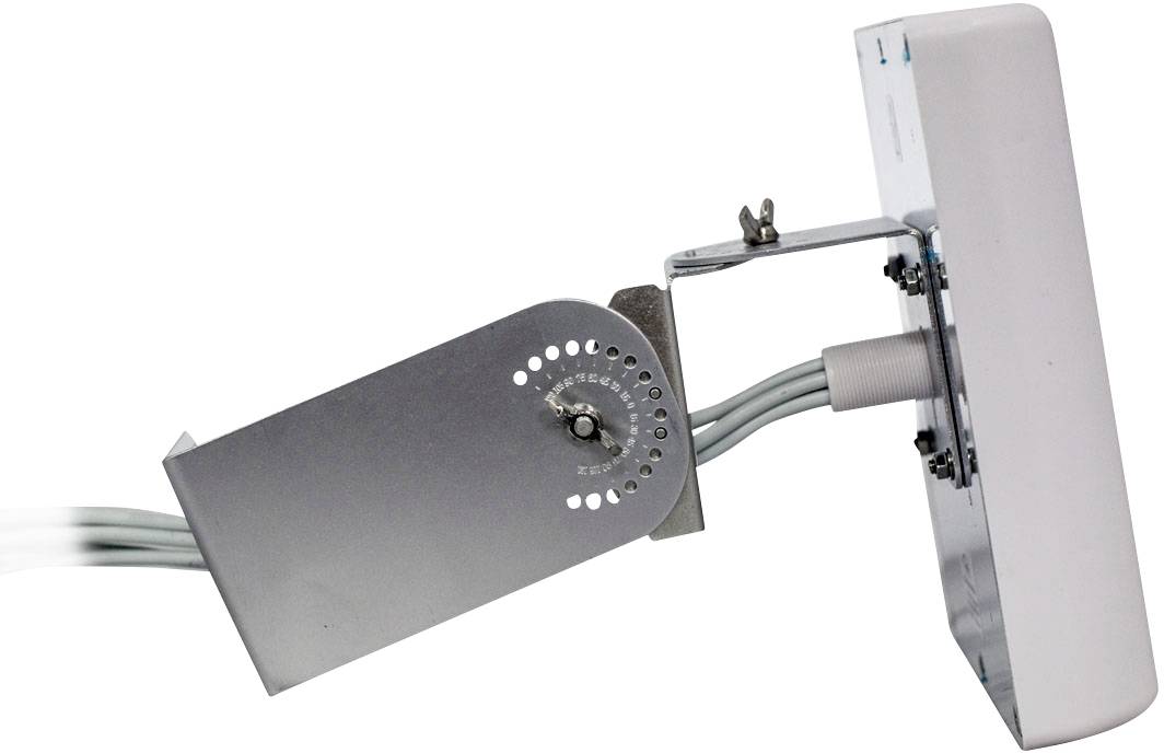 Movable LED floodlight with white rectangular housing, silver mounting bracket, and connected wiring, side view.