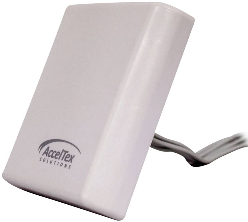 White square antenna with 'AccelTex Solutions' logo, connected cable, suitable for amplifying wireless signals.