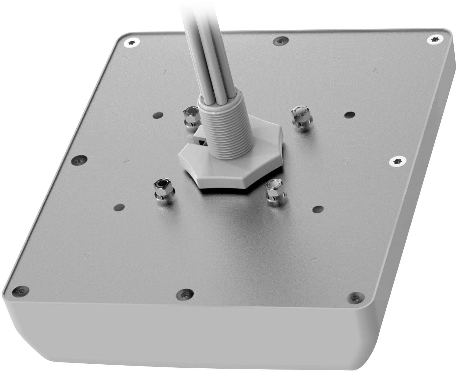Metal plate with a central cable connection and several screws around the connection. Primarily used for electrical installations.