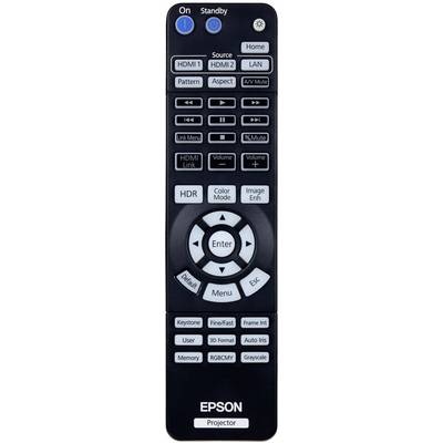 'Remote control for Epson projector with buttons for HDMI, LAN, volume, mute, HDR and picture modes.'