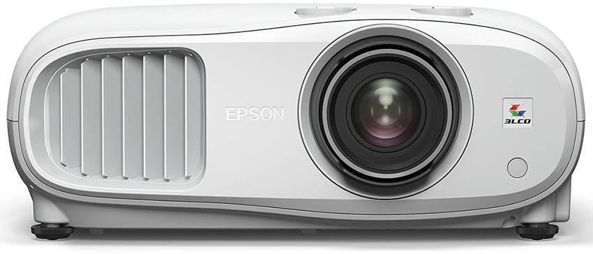 White Epson projector with large lens in the centre, model designation '3LCD', suitable for presentations and home cinema.