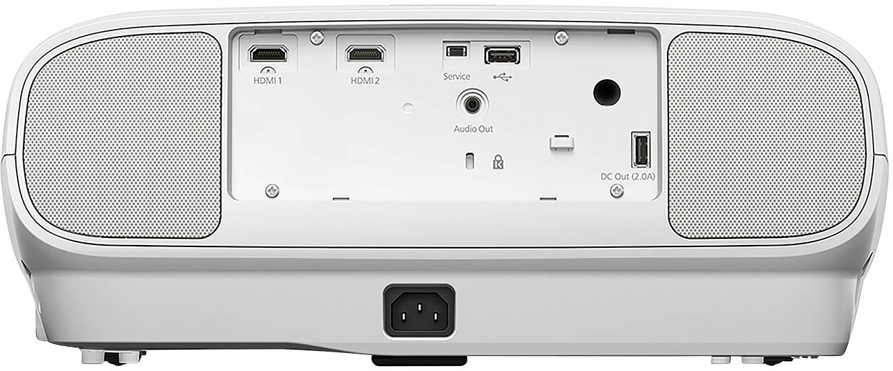 Rear view of a projector with connections: HDMI 1 and 2, USB, Audio Out. Power plug and service port centrally positioned.