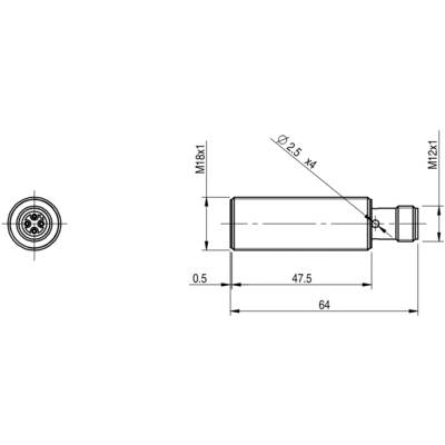 Technical drawing of a cylindrical object with dimensions. Side view shows 64 mm length. Upper diameter 18 mm, lower 12 mm.