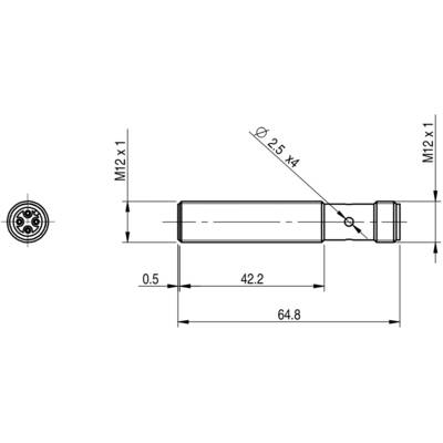 Technical drawing of a cylindrical connector with dimensions: total length 64.8 mm, 4 connections with 2.5 mm diameter.