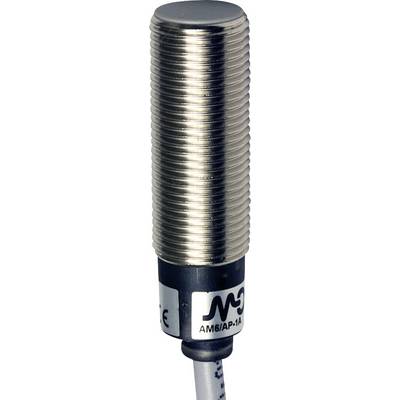 Cylindrical, metal proximity sensor with cable connection at the bottom, suitable for automation and machine control applications.