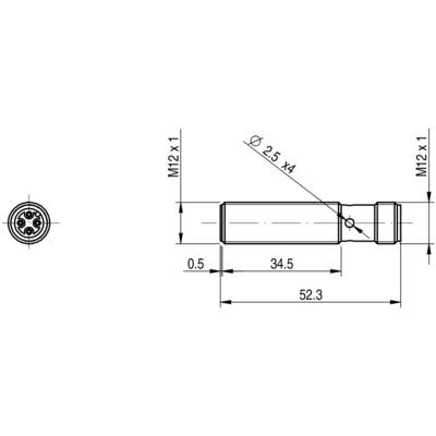 Technical drawing of a cylindrical connector. Dimensions: 52.3 mm length, 34.5 mm body. Thread M12 x 1.