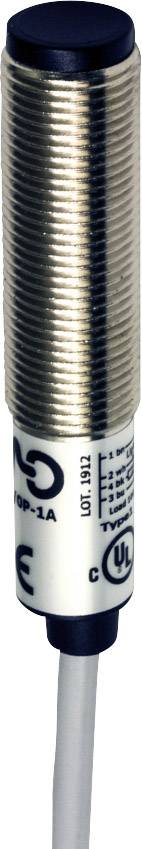 Cylindrical sensor with metal casing, black tip and short cable at the bottom. Used for object detection.