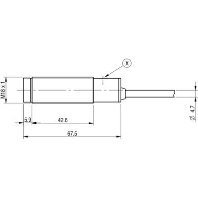 Technical drawing of a cylindrical sensor with M18 x 1 thread, total length 67.5 mm, cable connection on the right.