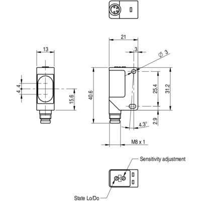 Construction drawing of a sensor with side and frontal views, including dimensions and details for sensitivity adjustment.