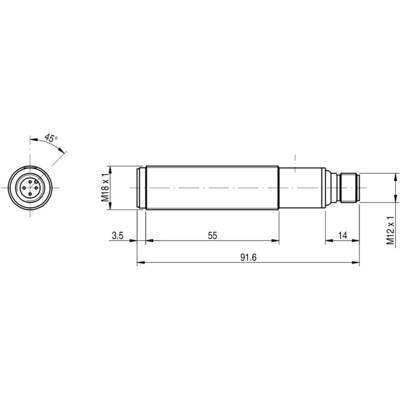 Technical drawing of a cylindrical sensor with M18 x 1 and M12 x 1 threads. Total length: 91.6 mm. Side view and end view shown.