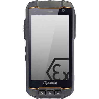 Robust, black mobile phone with a large touchscreen. Designed for use in potentially explosive environments.