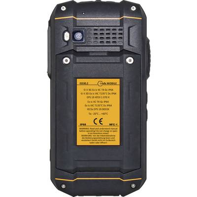 Black, robust mobile device with security certification. Text on yellow label contains important safety warnings and protection levels up to IP68.