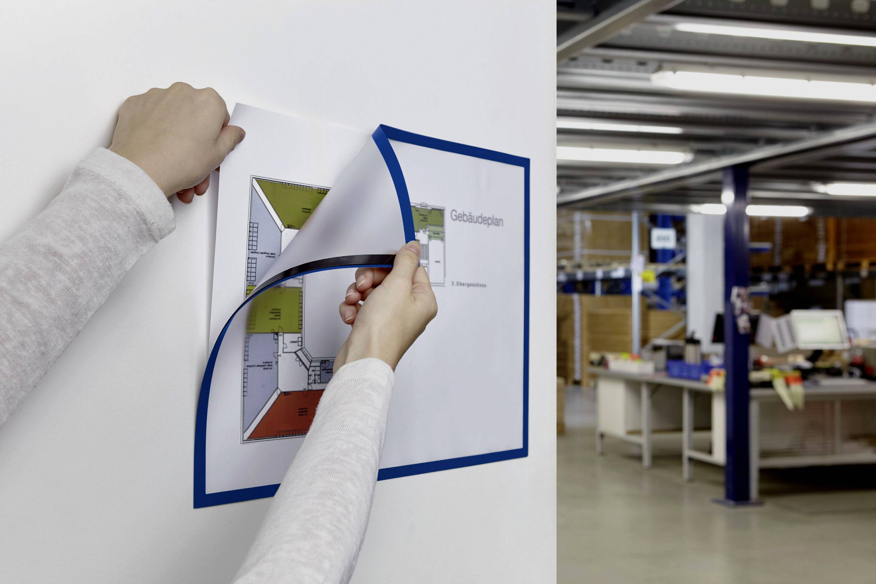 A person is hanging a building plan on a wall in an office. Shelves and office furniture are visible in the background.