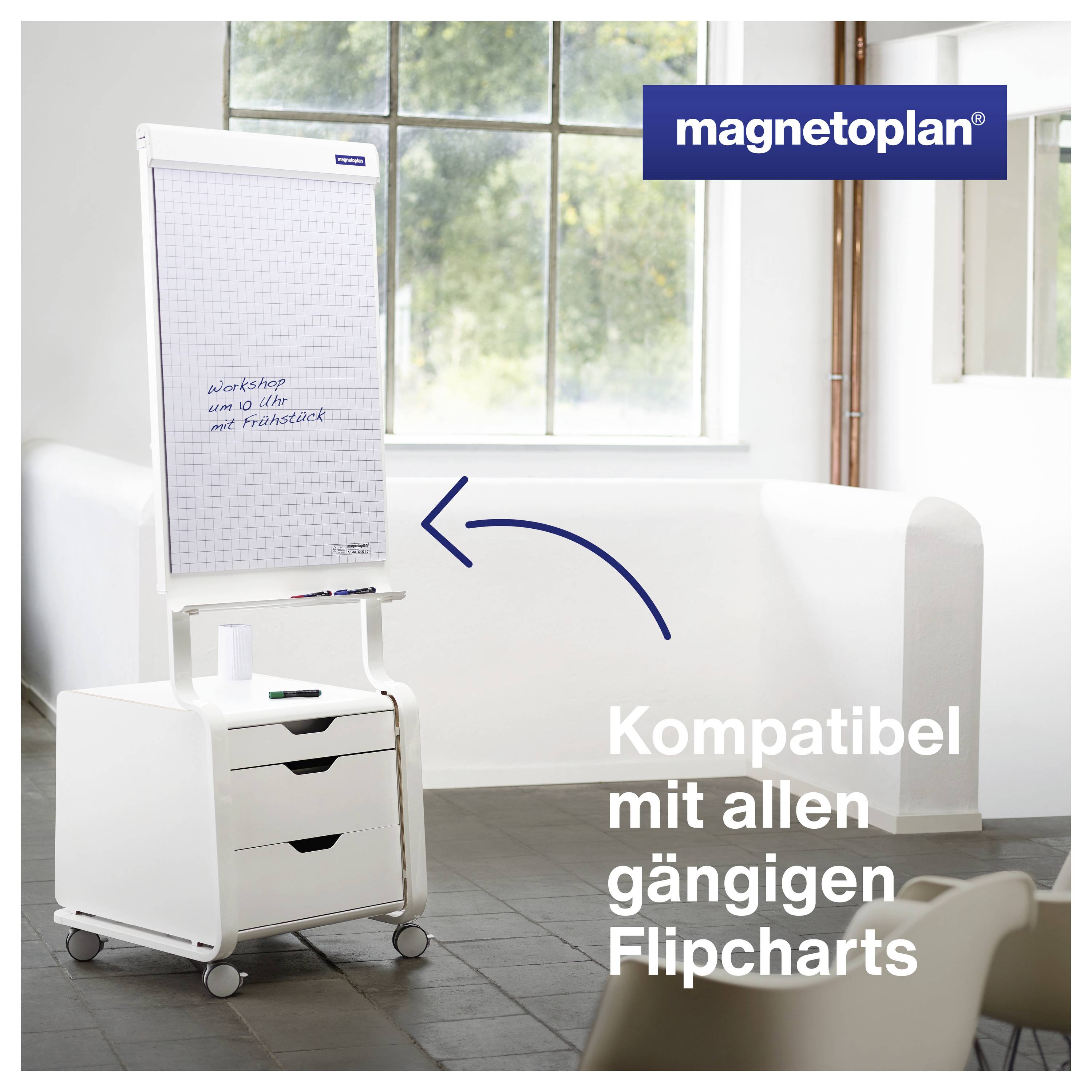 A mobile flip chart stand with wheels stands in a room. The text on the paper reads 'Workshop as you want with frustration stretching'. Text beside it: 'Compatible with all standard flip charts'.