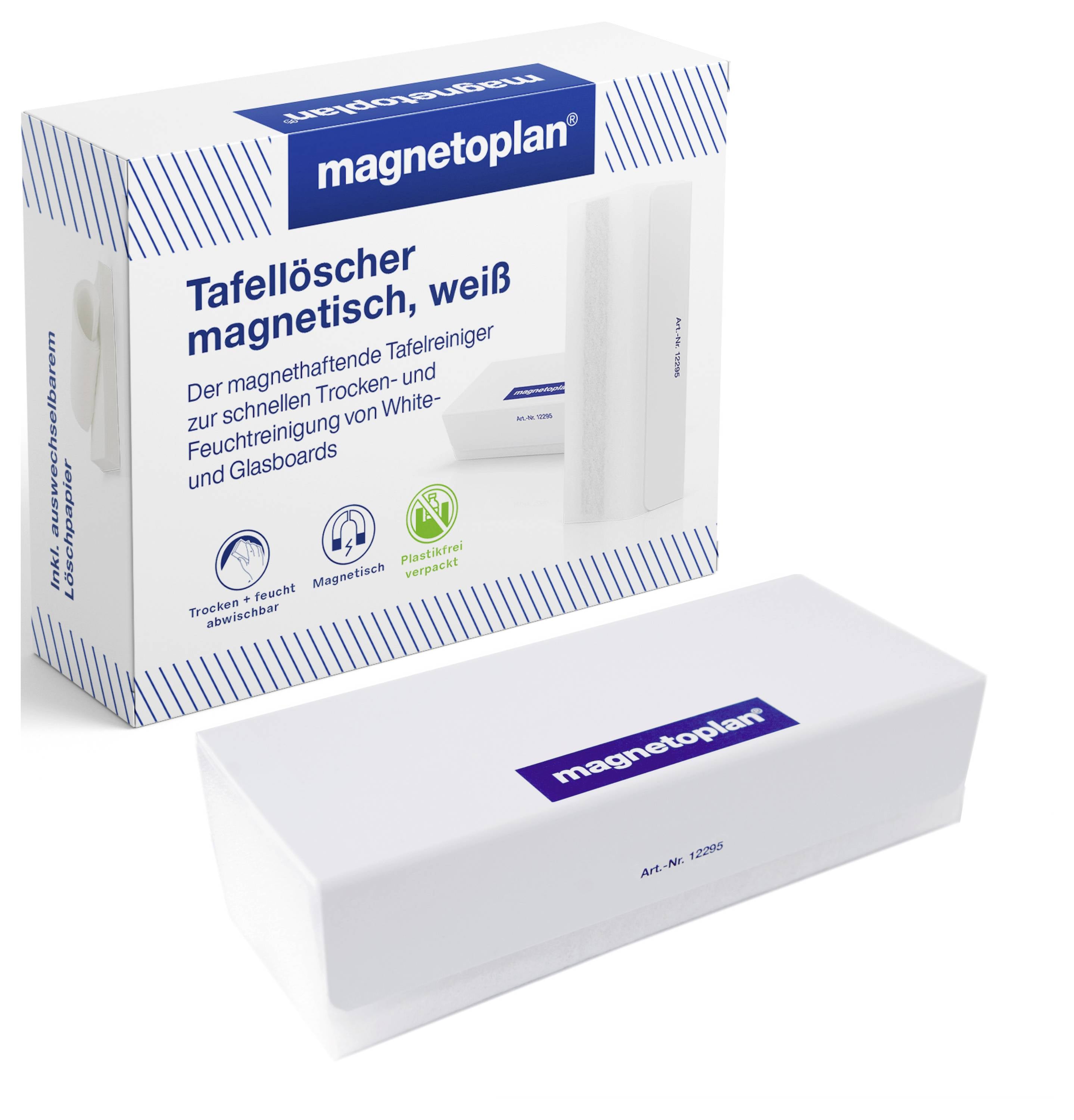 'Magnetoplan' magnetic whiteboard eraser packaging. Includes features: magnetic, dry and wet cleaning for whiteboards and glass boards.