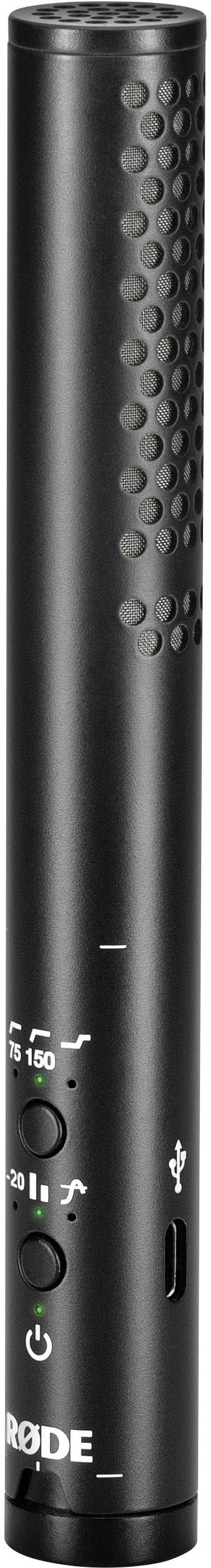 A black, cylindrical microphone device with buttons and a USB port, suitable for audio recordings.