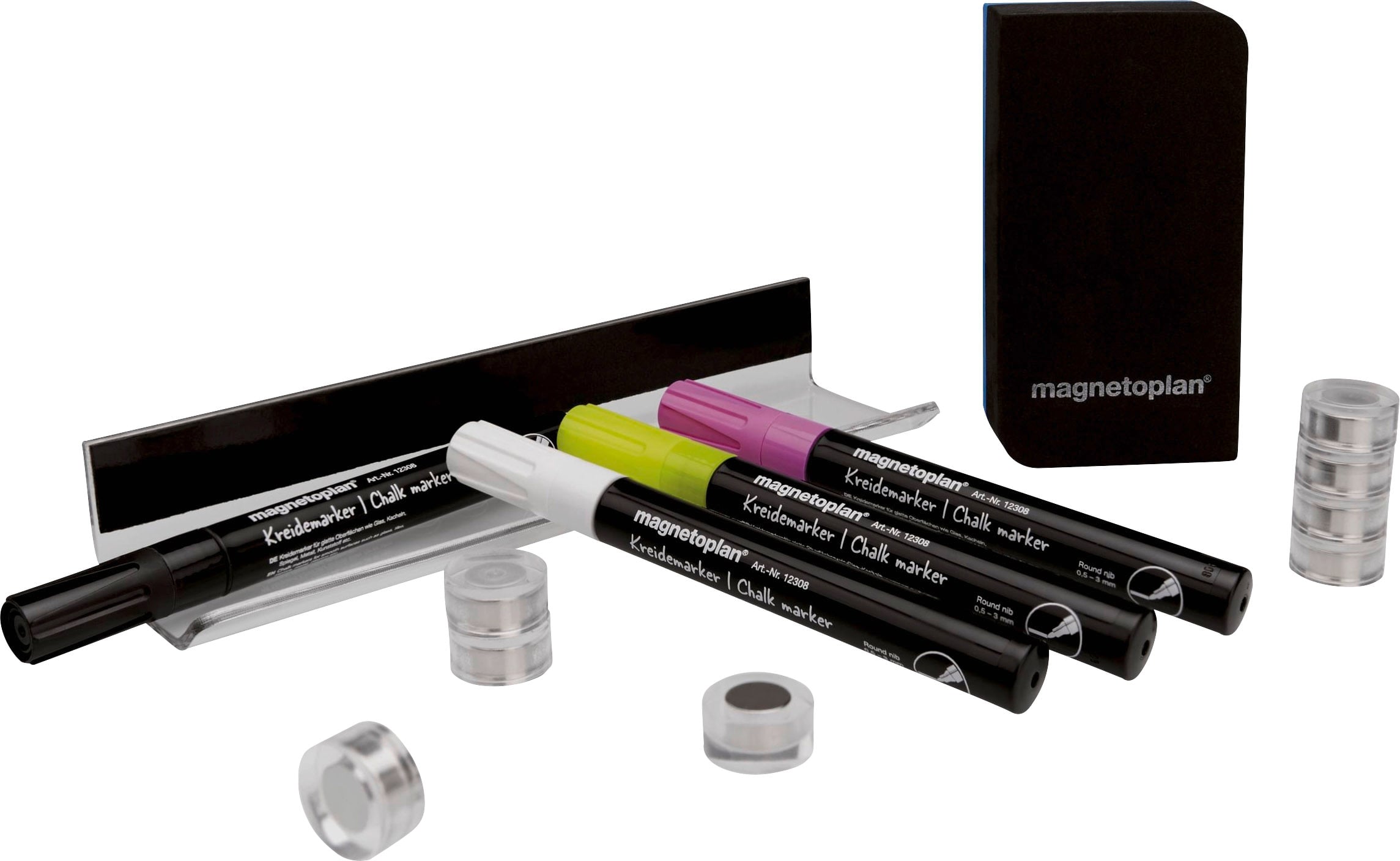 Whiteboard accessory set with black and coloured pens, magnets, and an eraser. Suitable for use on whiteboards.