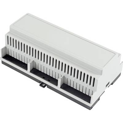 A grey, rectangular electronic enclosure with ventilation slots, suitable for mounting devices in a control cabinet.