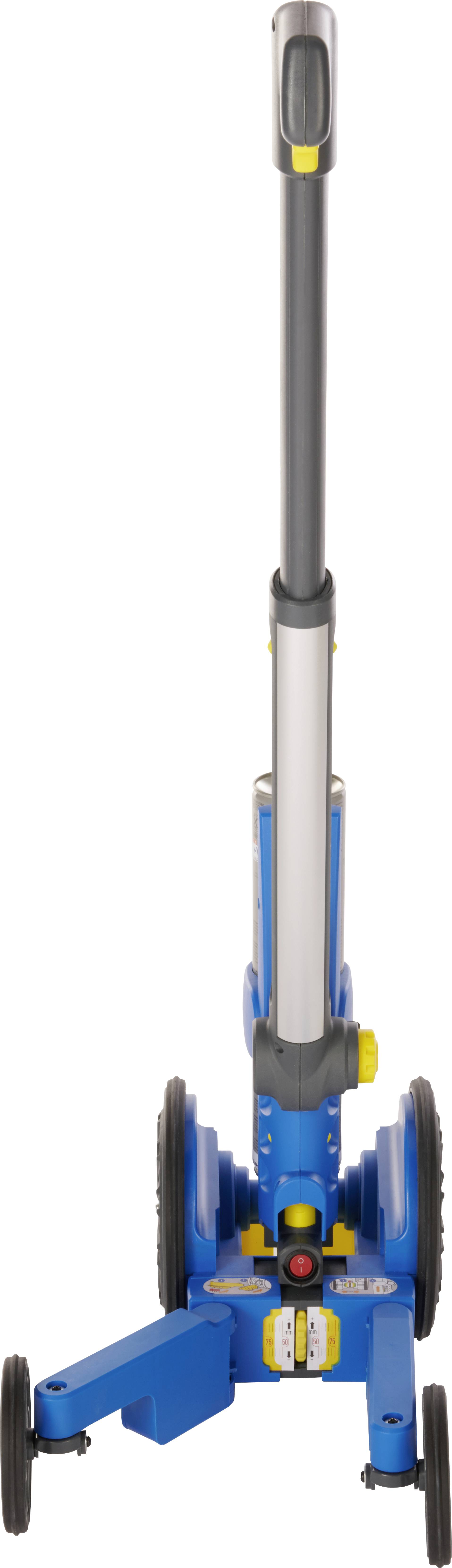 A blue mobile device carrier with two large wheels and an extendable handle, suitable for transporting tools or materials.