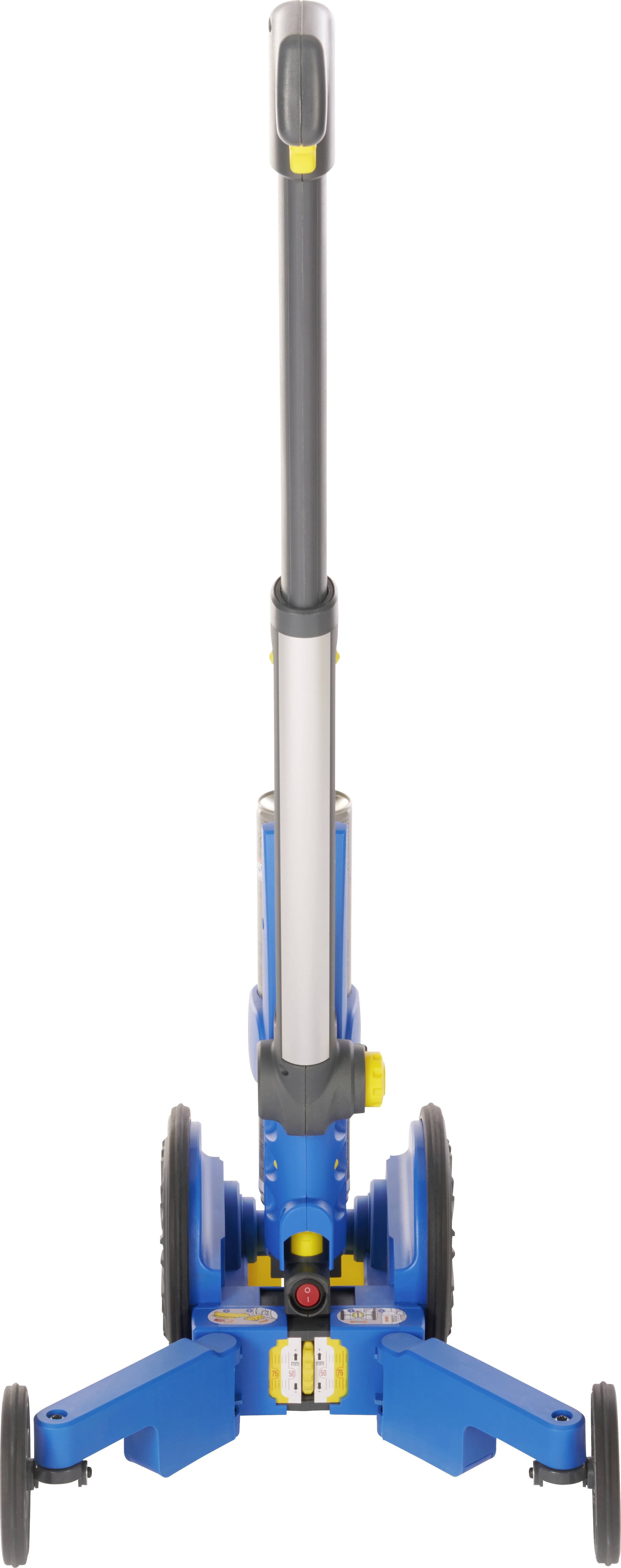 A blue mobile jack with a long handle, suitable for lifting vehicles. Wheels and lifting mechanism are clearly visible.
