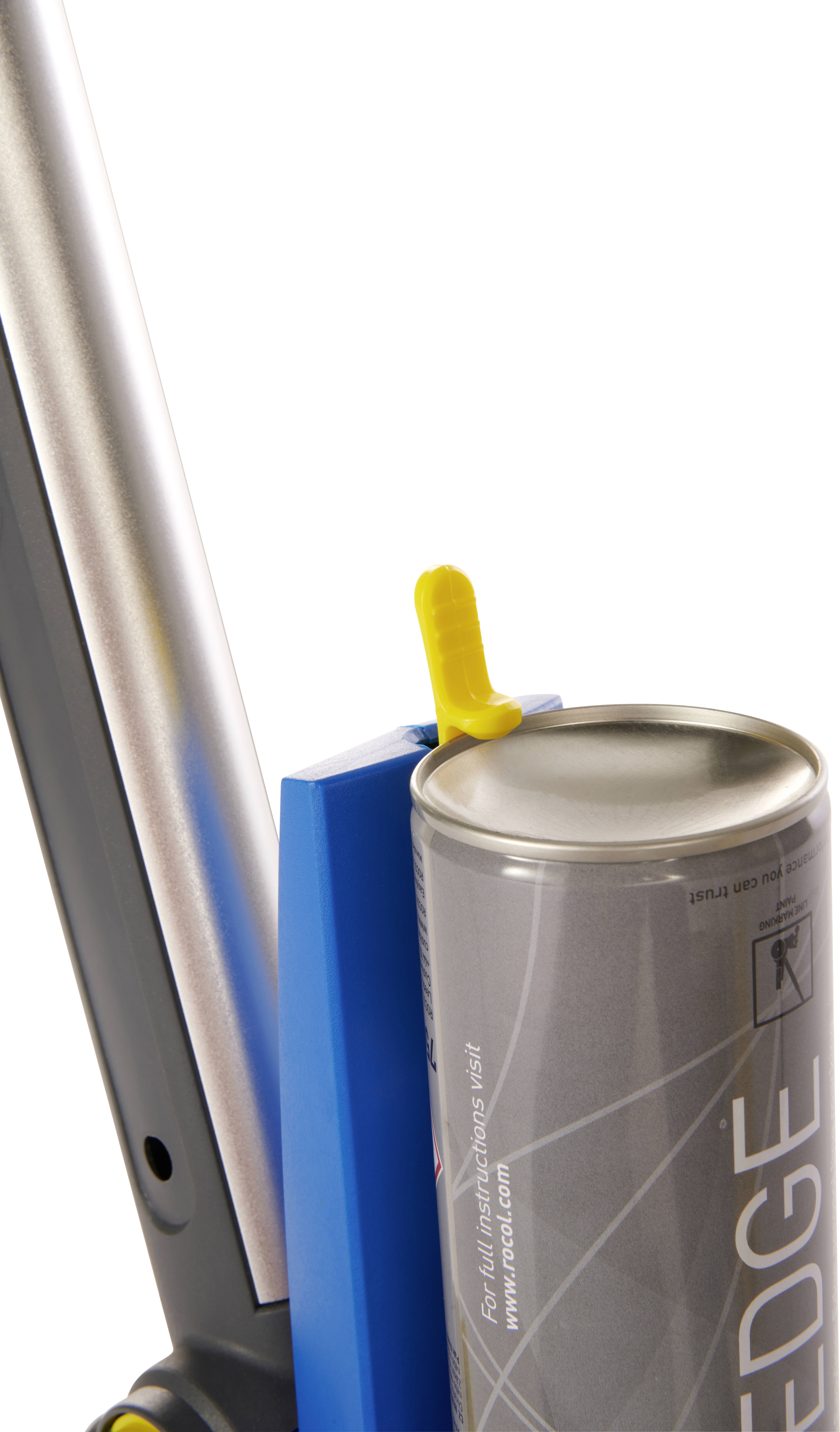 Close-up of a blue holder gripping an aerosol can with a yellow lever. Text on the can partially visible, details not clearly discernible.