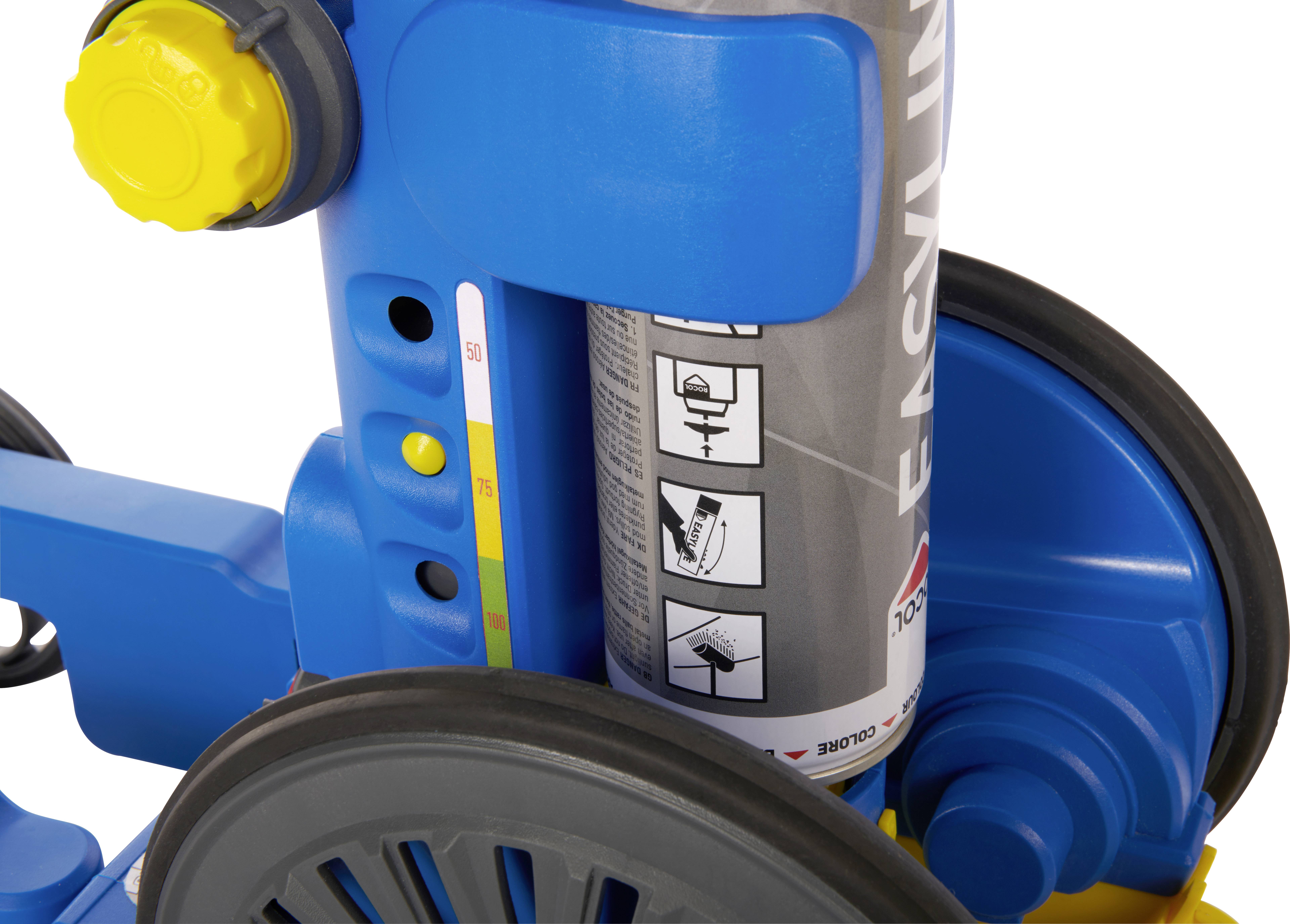 Close-up of a blue vacuum cleaner with a grey filter and graphic instructions. The rotary dial is yellow, and the wheels are black.