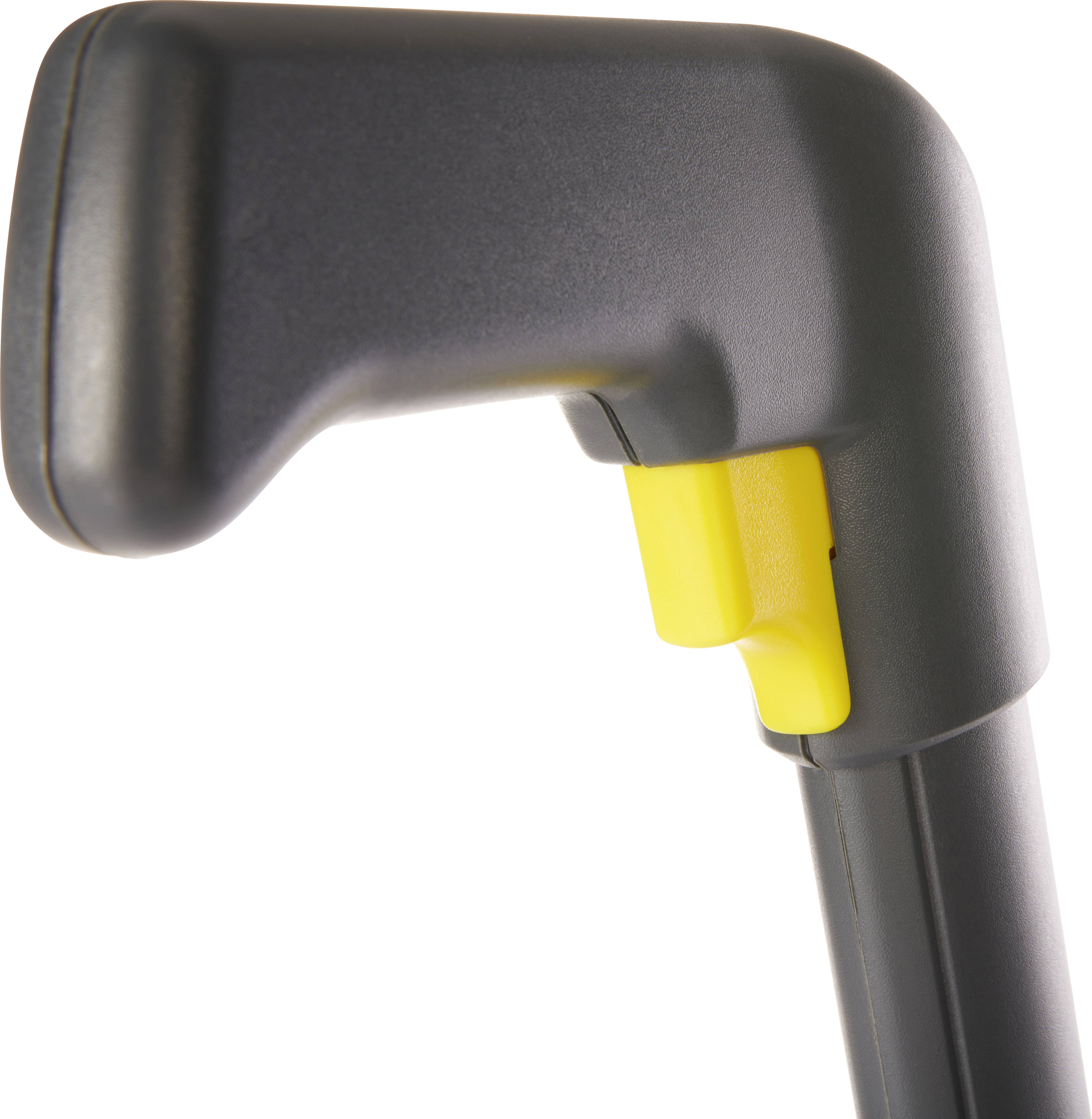 Close-up of a black, ergonomically shaped handle with a yellow button, likely part of a tool or device.