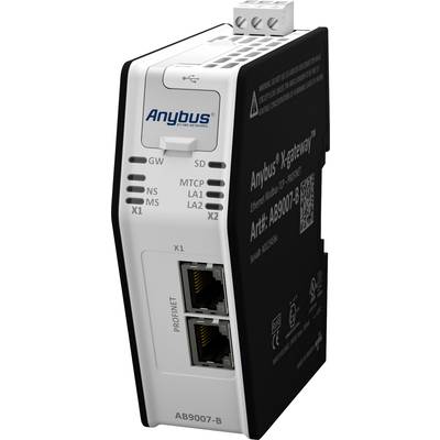 An Anybus X-gateway for connecting Ethernet and Modbus TCP/IP networks. Displays ports and status LEDs for network activity.