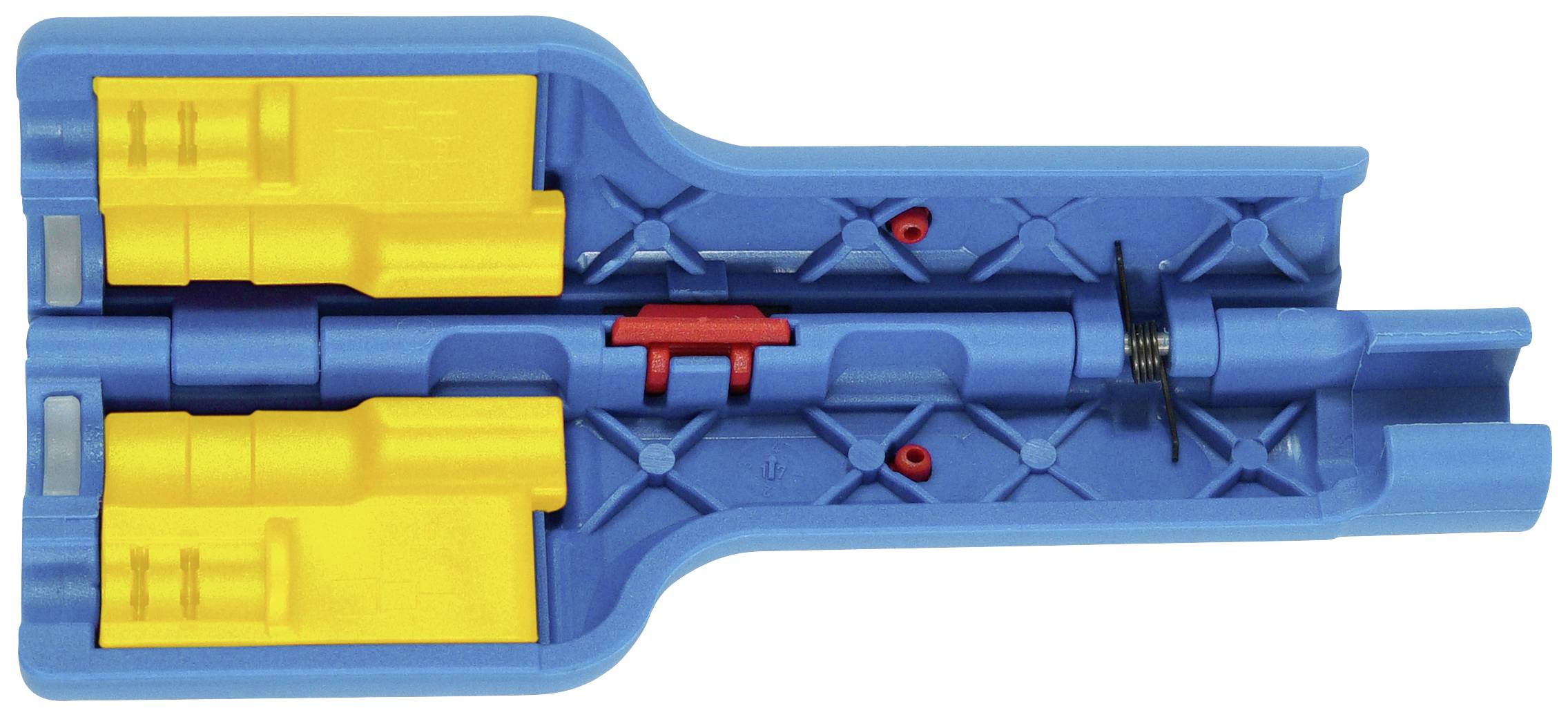 'Cross-section of a plastics mechanism with yellow and blue components, red details, and a spring. Illustration of technical components.'