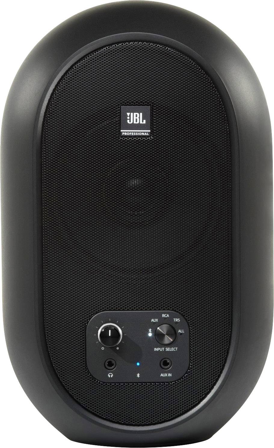 A black, oval speaker with control buttons on the front. Brand logo at the top.