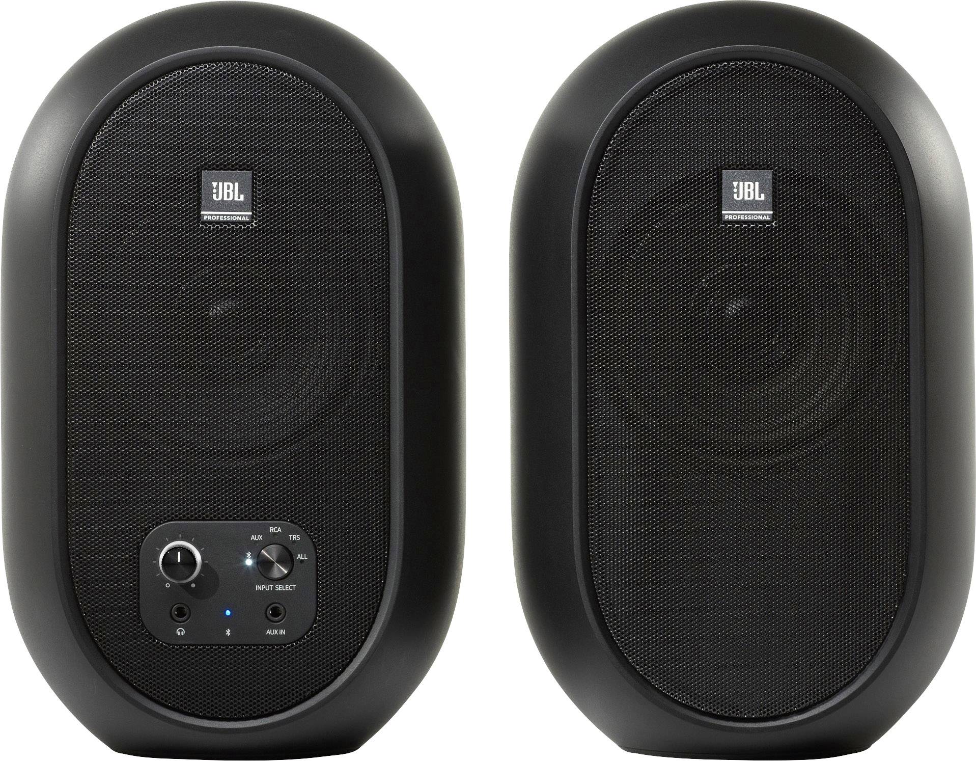 Two black, oval speakers. The left one shows controls for volume and mode. The right one is identical without controls.