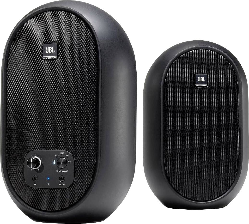 Two black speakers, one larger than the other. The larger speaker has controls on the front.