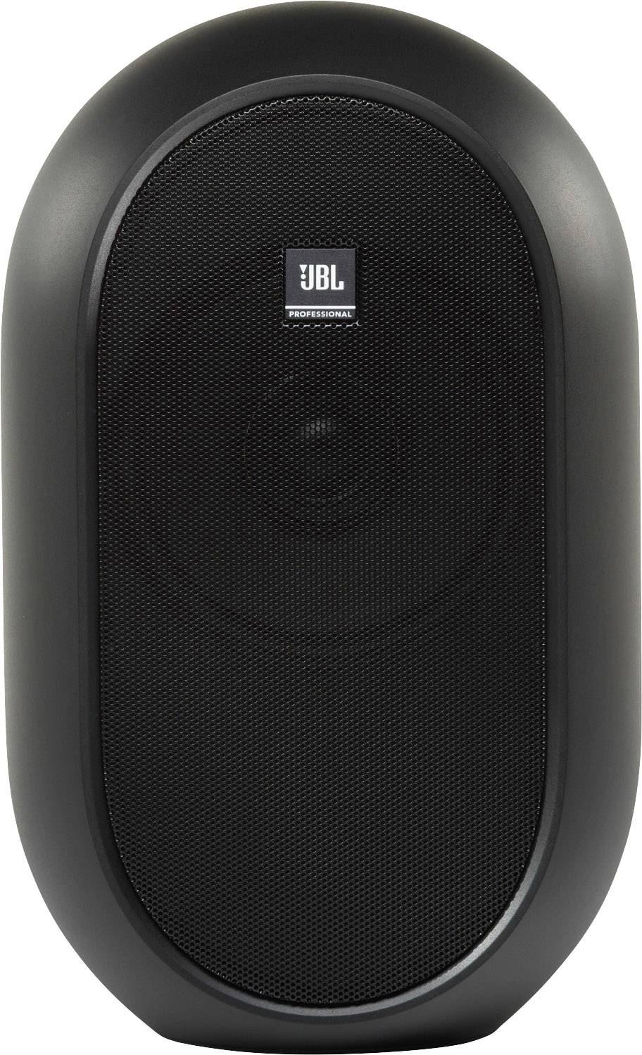 Black JBL speaker with an oval design, central speaker grille, and logo on top.