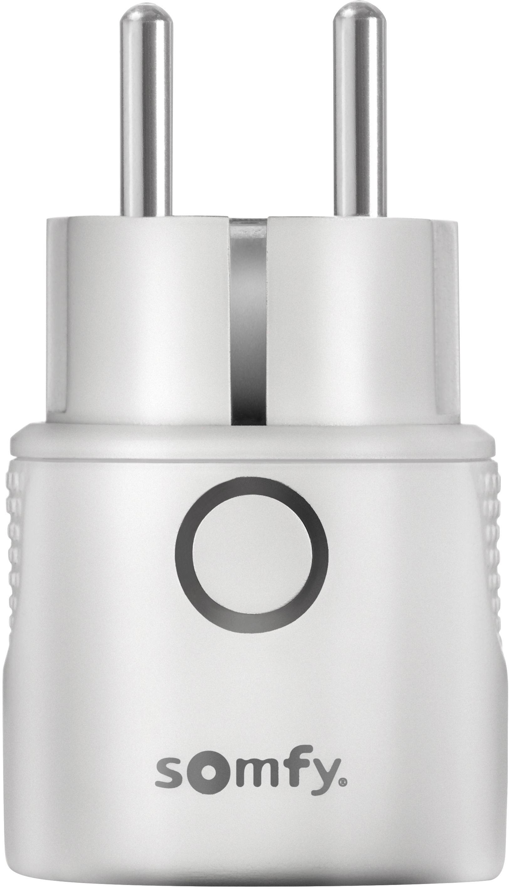 White smart plug with two pins, labelled 'somfy'. Suitable for remotely controlling connected devices via an app.
