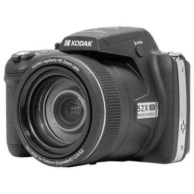 A Kodak PIXPRO digital camera with a 52X optical zoom lens, showcasing a sleek black design and labeled lens features.