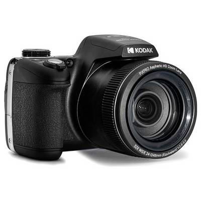 A black Kodak camera with a prominent zoom lens, featuring controls on top and grip on the side, designed for photography.